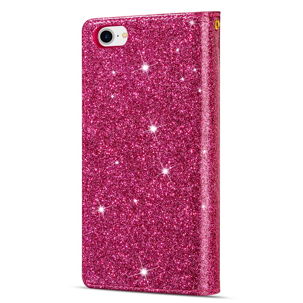 Glithery Starry Starry Style Laser Escultura Com Zíper Stand Stand Leather Phone Shell Para Iphone SE (2020)/SE (2022)/8/7 - Rosa