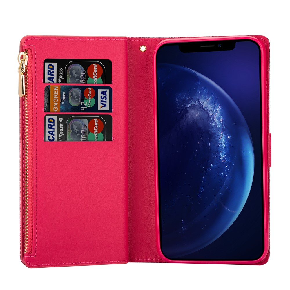 Glithery Starry Starry Style Laser Escultura Com Zíper Stand Stand Leather Phone Shell Para Iphone SE (2020)/SE (2022)/8/7 - Rosa