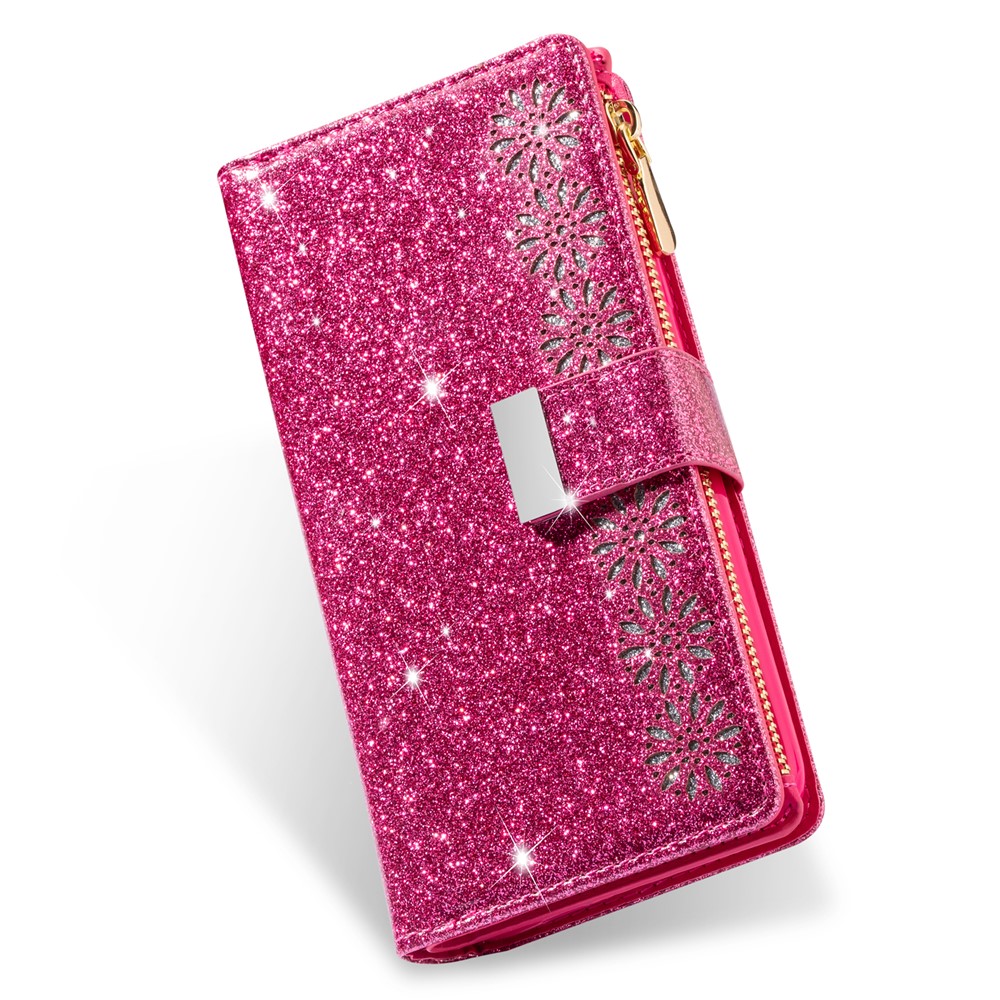 Glittery Starry Style Laser Carving Zipper Wallet Stand Leather Phone Shell for iPhone SE (2nd Generation)/8/7 - Rose-9