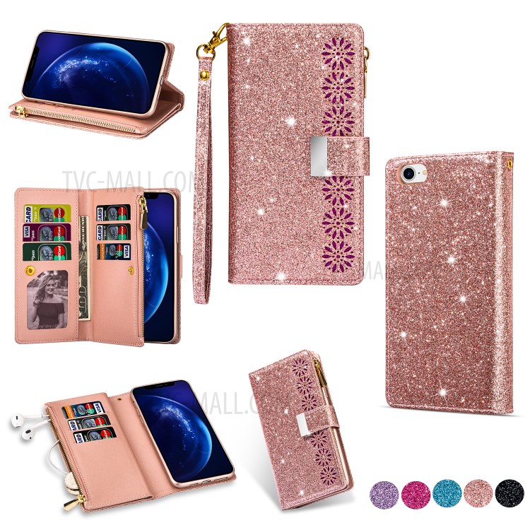 Glithery Starry Starry Style Laser Escultura Com Zíper Stand Stand Leather Phone Shell Para Iphone SE (2020)/SE (2022)/8/7 - Rosa Ouro