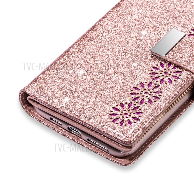Glittery Starry Style Laser Carving Zipper Wallet Stand Leather Phone Shell for iPhone SE (2nd Generation)/8/7 - Rose Gold-10