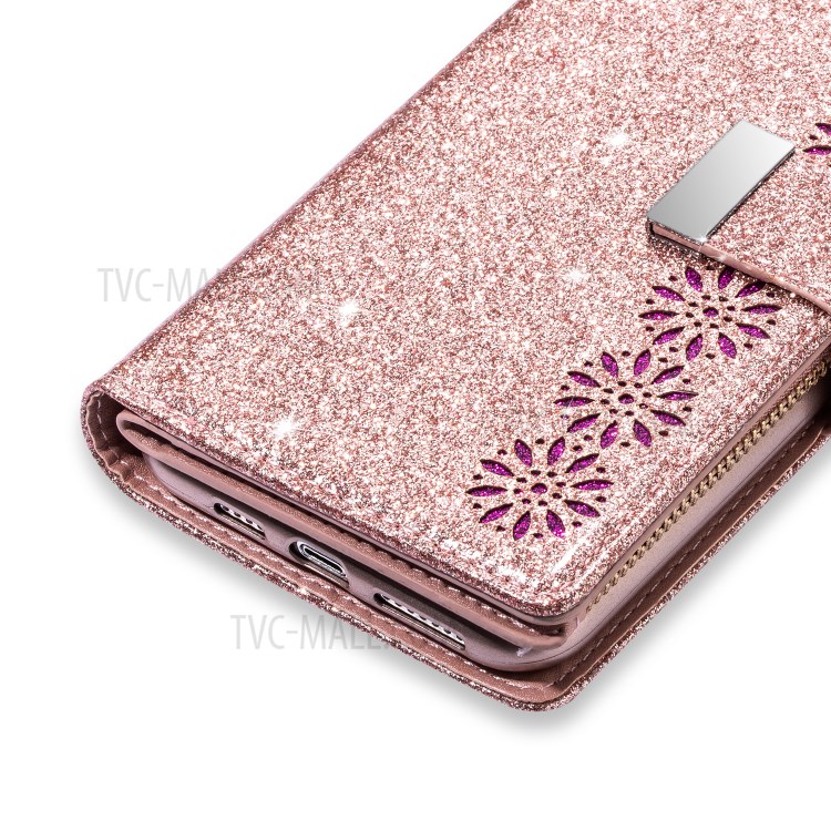 Glithery Starry Starry Style Laser Escultura Com Zíper Stand Stand Leather Phone Shell Para Iphone SE (2020)/SE (2022)/8/7 - Rosa Ouro