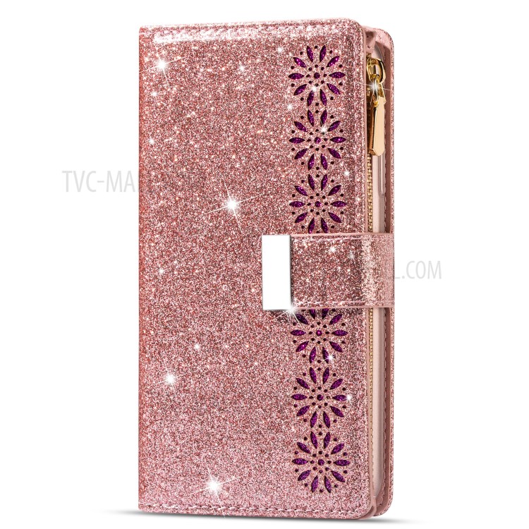 Glithery Starry Starry Style Laser Escultura Com Zíper Stand Stand Leather Phone Shell Para Iphone SE (2020)/SE (2022)/8/7 - Rosa Ouro