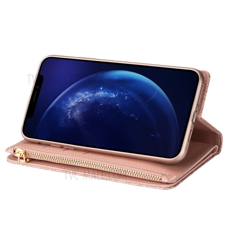 Glithery Starry Starry Style Laser Escultura Com Zíper Stand Stand Leather Phone Shell Para Iphone SE (2020)/SE (2022)/8/7 - Rosa Ouro