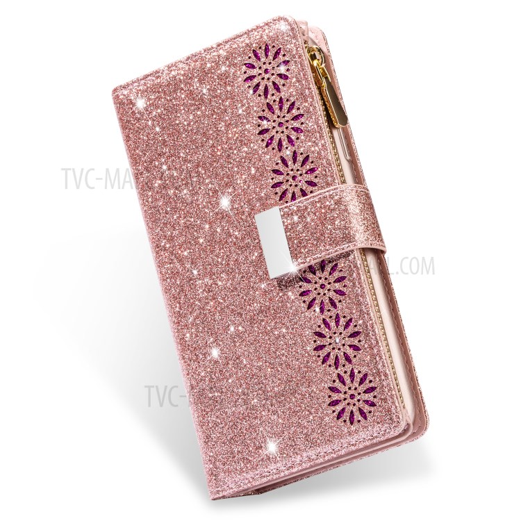 Glithery Starry Starry Style Laser Escultura Com Zíper Stand Stand Leather Phone Shell Para Iphone SE (2020)/SE (2022)/8/7 - Rosa Ouro