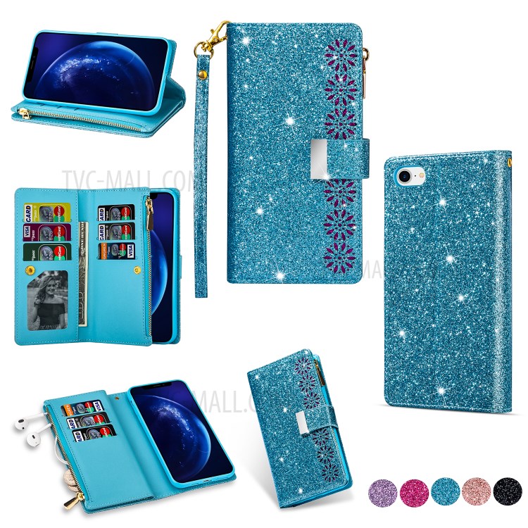 Glittery Starry Style Laser Carving Zipper Wallet Stand Leather Phone Shell for iPhone SE (2nd Generation)/8/7 - Blue-1