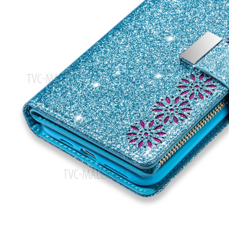 Glittery Starry Style Laser Carving Zipper Wallet Stand Leather Phone Shell for iPhone SE (2nd Generation)/8/7 - Blue-10