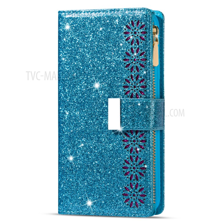 Glittery Starry Style Laser Carving Zipper Wallet Stand Leather Phone Shell for iPhone SE (2nd Generation)/8/7 - Blue-2