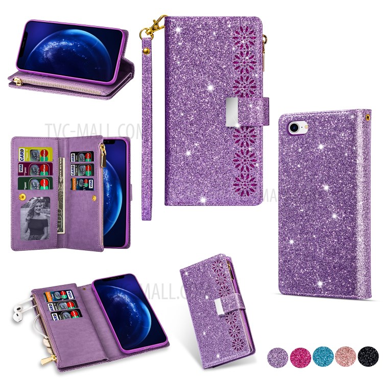 Glittery Starry Style Laser Carving Zipper Wallet Stand Leather Phone Shell for iPhone SE (2nd Generation)/8/7 - Purple-1