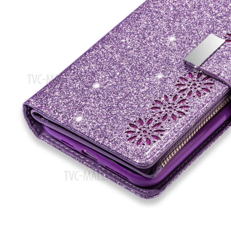 Glittery Starry Style Laser Carving Zipper Wallet Stand Leather Phone Shell for iPhone SE (2nd Generation)/8/7 - Purple-10