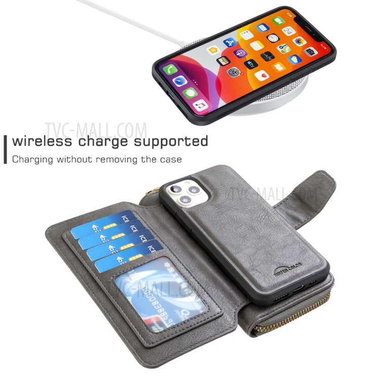 BF001 Leather Wallet Cover Anti-Gravity Zip Phone Case for iPhone 11 Pro 5.8-inch - Grey-4