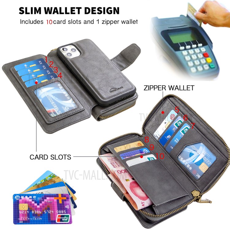 BF001 Leather Wallet Cover Anti-Gravity Zip Phone Case for iPhone 11 Pro 5.8-inch - Grey-6