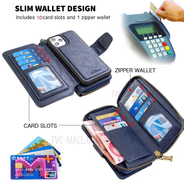 BF001 Leather Wallet Cover Anti-Gravity Zip Phone Case for iPhone 11 Pro 5.8-inch - Blue-6