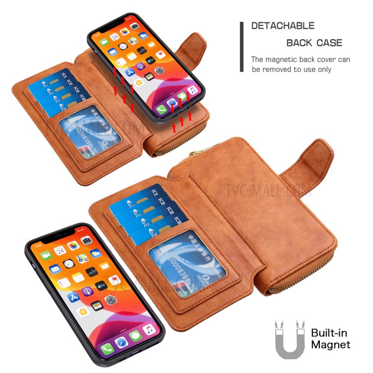 BF001 Leather Wallet Cover Anti-Gravity Zip Phone Case for iPhone 11 Pro 5.8-inch - Brown-5