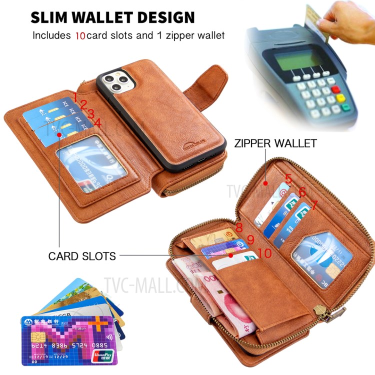 BF001 Leather Wallet Cover Anti-Gravity Zip Phone Case for iPhone 11 Pro 5.8-inch - Brown-6