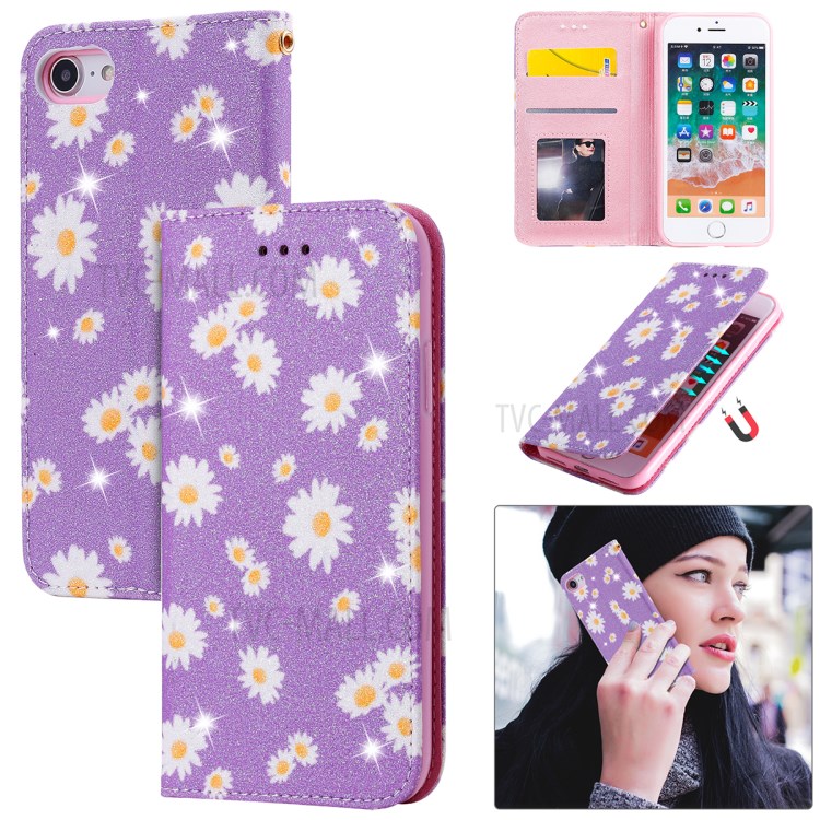 Daisy Pattern Flash Powder Leather Card Holder Case for iPhone SE (2nd Generation)/8/7 - Purple-1