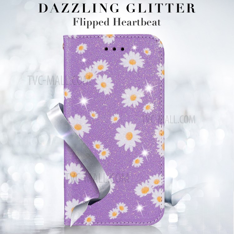 Daisy Pattern Flash Powder Leather Card Holder Case for iPhone SE (2nd Generation)/8/7 - Purple-18