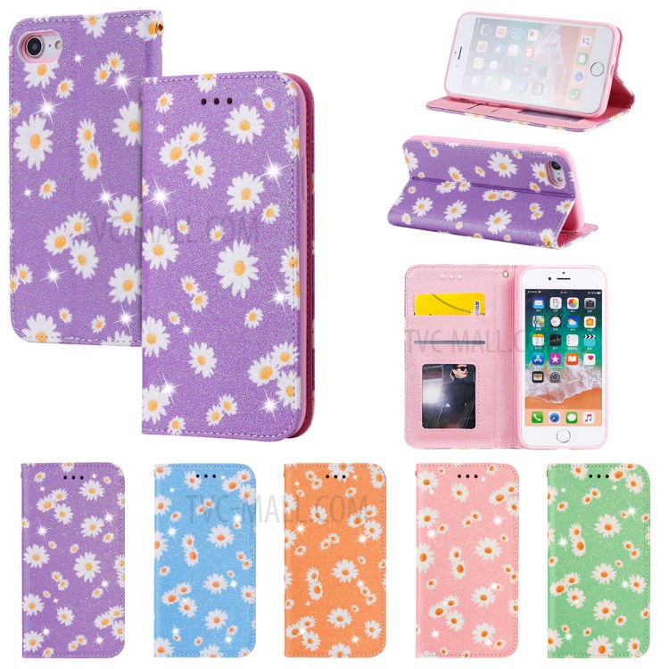 Daisy Pattern Flash Powder Leather Card Holder Case for iPhone SE (2nd Generation)/8/7 - Purple-19