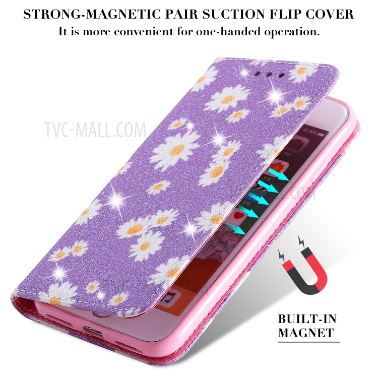 Daisy Pattern Flash Powder Leather Card Holder Case for iPhone SE (2nd Generation)/8/7 - Purple-4