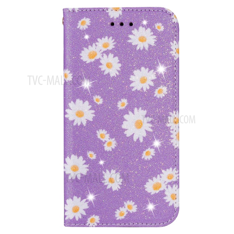 Daisy Pattern Flash Powder Leather Card Holder Case for iPhone SE (2nd Generation)/8/7 - Purple-7