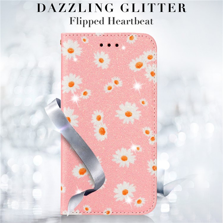 Daisy Pattern Flash Powder Leather Card Holder Case for iPhone SE (2nd Generation)/8/7 - Pink-12