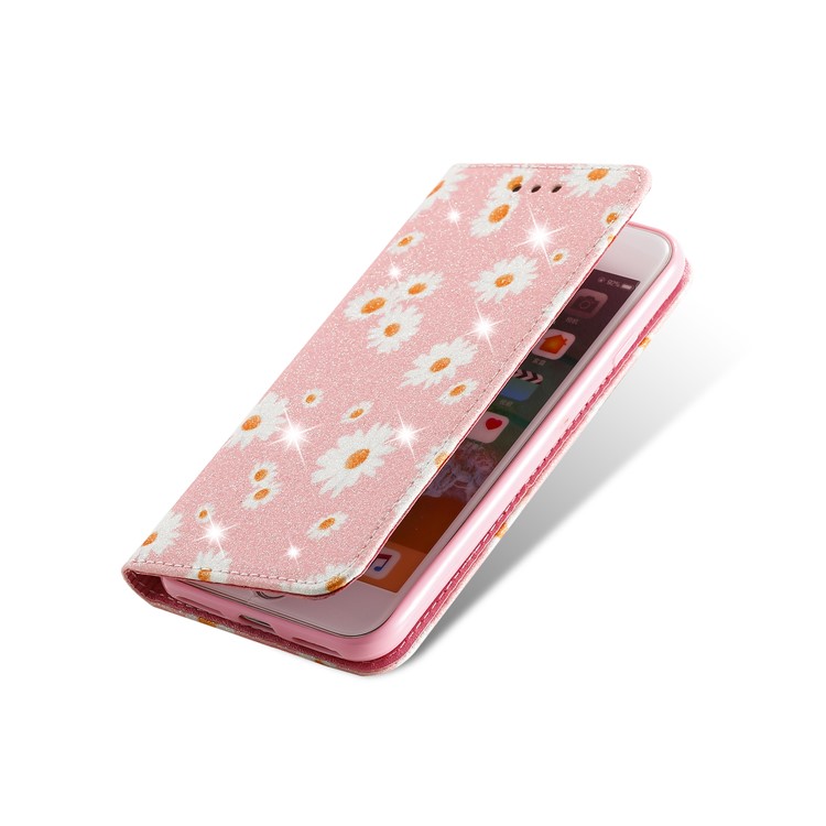 Daisy Pattern Flash Powder Leather Card Holder Case for iPhone SE (2nd Generation)/8/7 - Pink-6