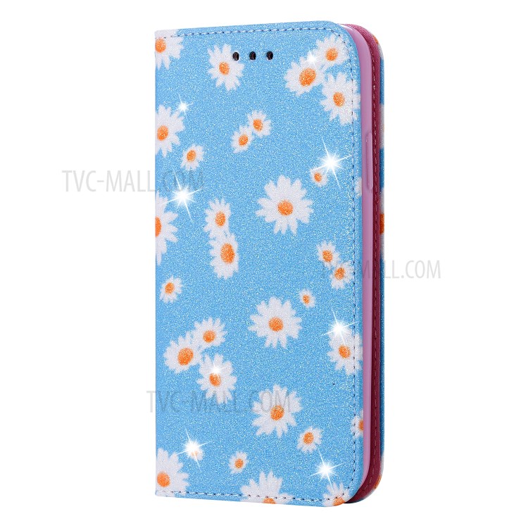 Daisy Pattern Flash Powder Leather Card Solder Para Iphone SE (2020)/SE (2022)/8/7 - Azul-3