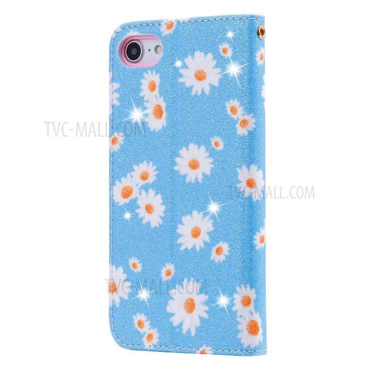 Daisy Pattern Flash Powder Leather Card Solder Para Iphone SE (2020)/SE (2022)/8/7 - Azul-4