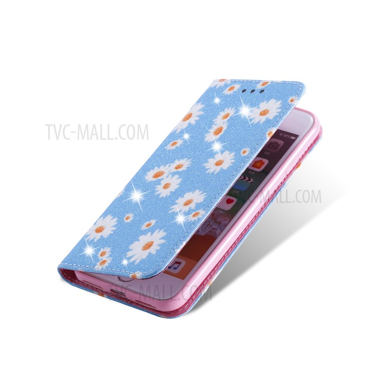 Daisy Pattern Flash Powder Leather Card Holder Case for iPhone SE (2nd Generation)/8/7 - Blue-6