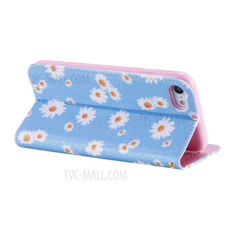 Daisy Pattern Flash Powder Leather Card Holder Case for iPhone SE (2nd Generation)/8/7 - Blue-7