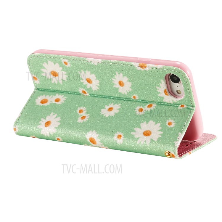 Daisy Pattern Flash Powder Leather Card Holder Case for iPhone SE (2nd Generation)/8/7 - Green-7