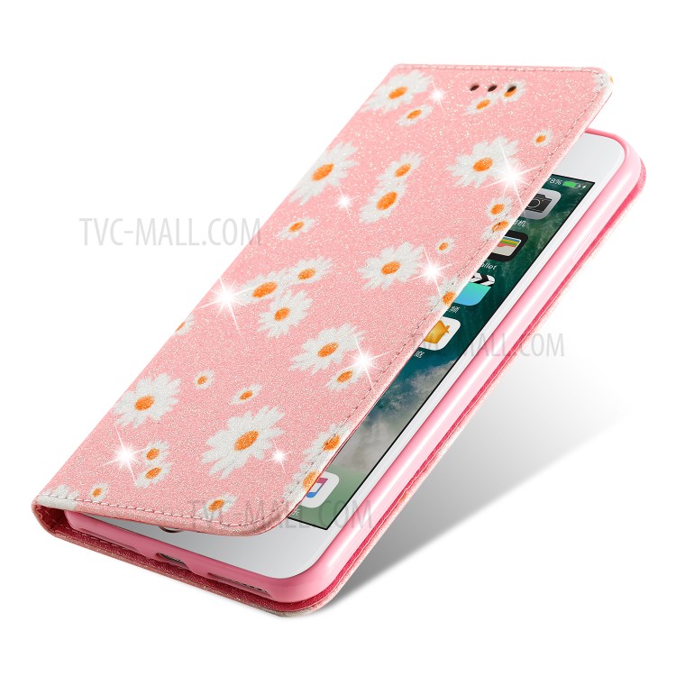 Daisy Pattern Flash Powder Leather Stand Case with Card Slots for iPhone 8 Plus/7 Plus - Pink-11