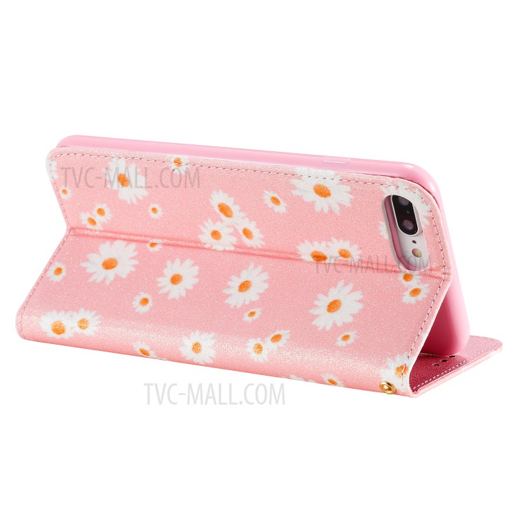 Daisy Pattern Flash Powder Leather Stand Case with Card Slots for iPhone 8 Plus/7 Plus - Pink-12