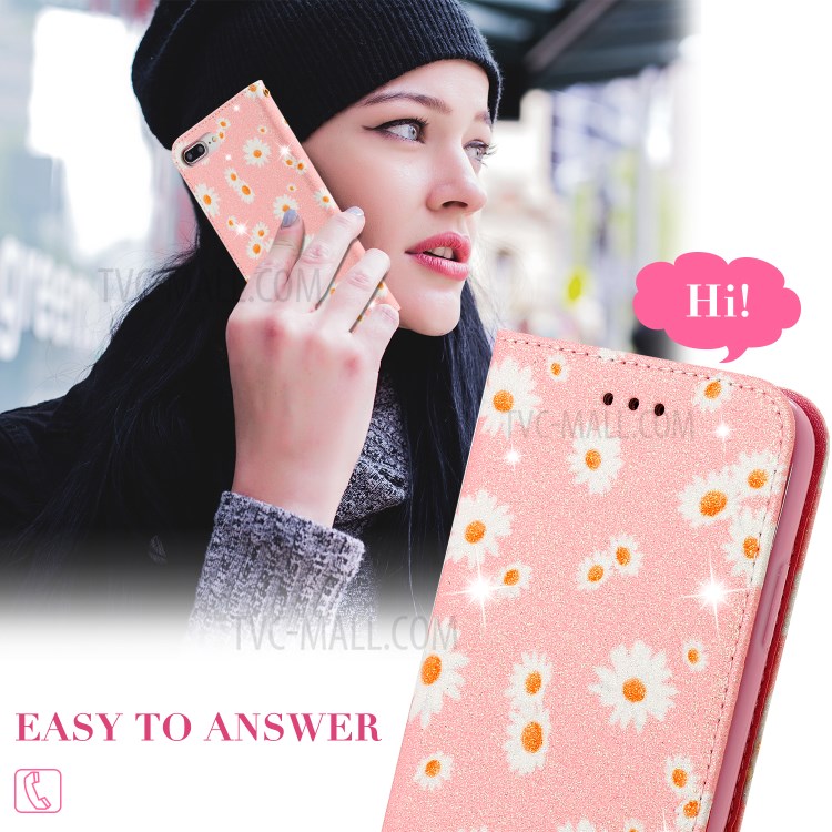 Daisy Pattern Flash Powder Leather Stand Case with Card Slots for iPhone 8 Plus/7 Plus - Pink-16