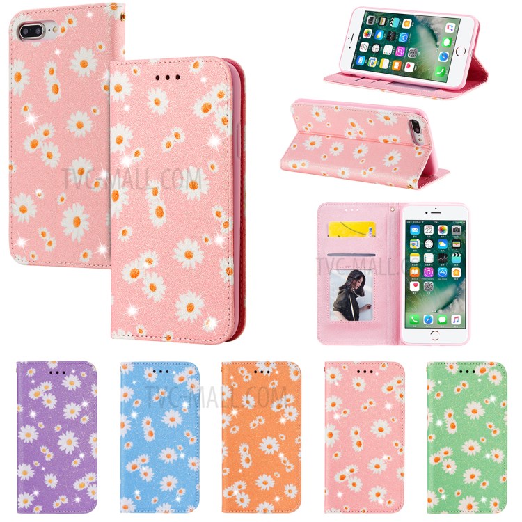 Daisy Pattern Flash Powder Leather Stand Case with Card Slots for iPhone 8 Plus/7 Plus - Pink-19