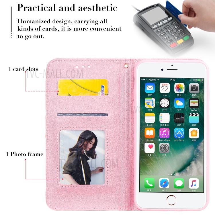 Daisy Pattern Flash Powder Leather Stand Case with Card Slots for iPhone 8 Plus/7 Plus - Pink-3