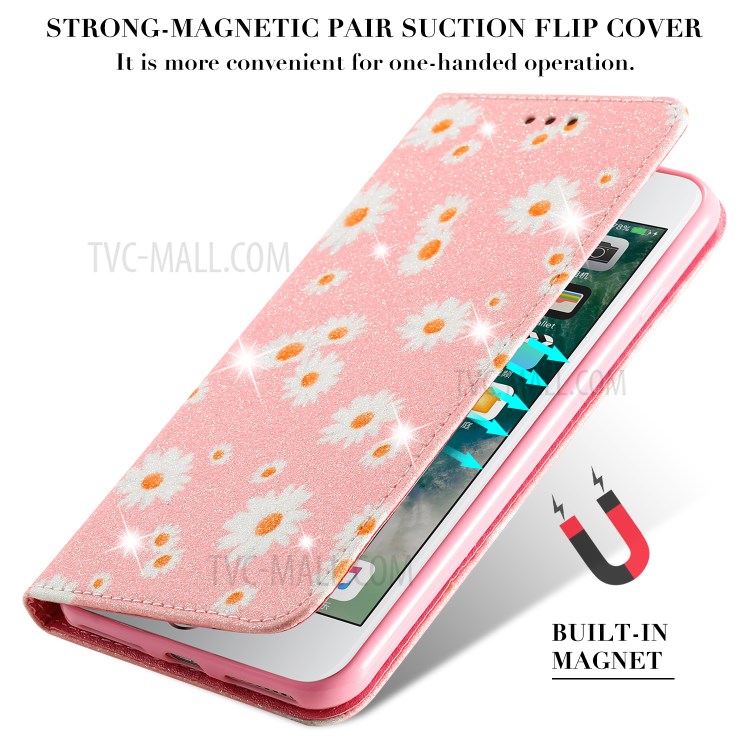 Daisy Pattern Flash Powder Leather Stand Case with Card Slots for iPhone 8 Plus/7 Plus - Pink-4