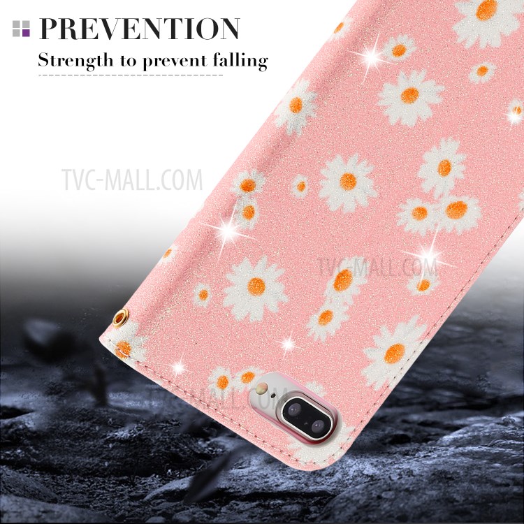 Daisy Pattern Flash Powder Leather Stand Case with Card Slots for iPhone 8 Plus/7 Plus - Pink-5