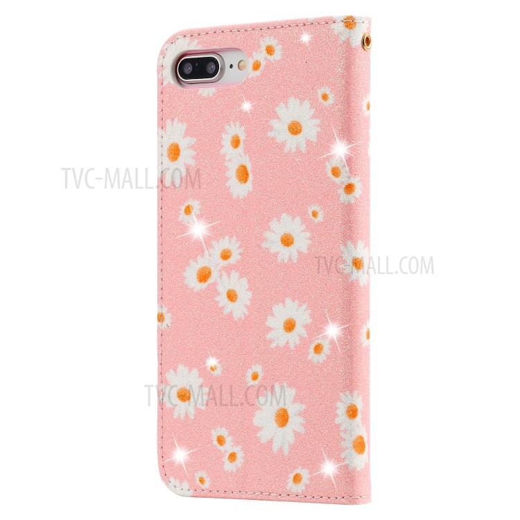 Daisy Pattern Flash Powder Leather Stand Case with Card Slots for iPhone 8 Plus/7 Plus - Pink-9