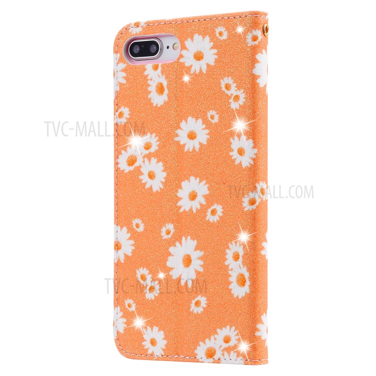 Daisy Pattern Flash Powder Leather Stand Case with Card Slots for iPhone 8 Plus/7 Plus - Orange-4