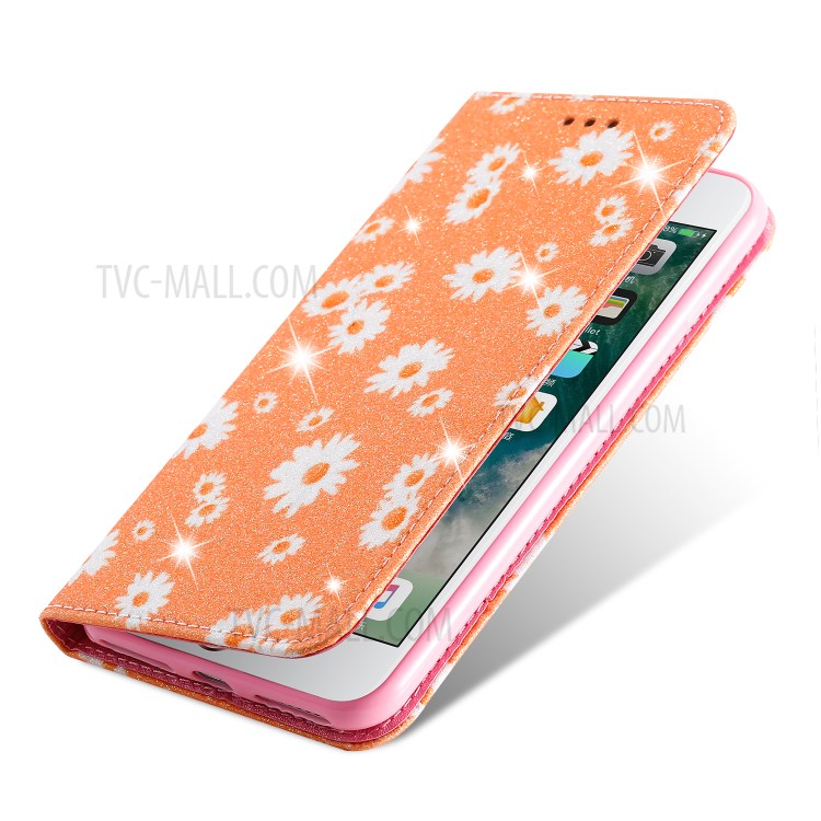 Daisy Pattern Flash Powder Leather Stand Case with Card Slots for iPhone 8 Plus/7 Plus - Orange-6
