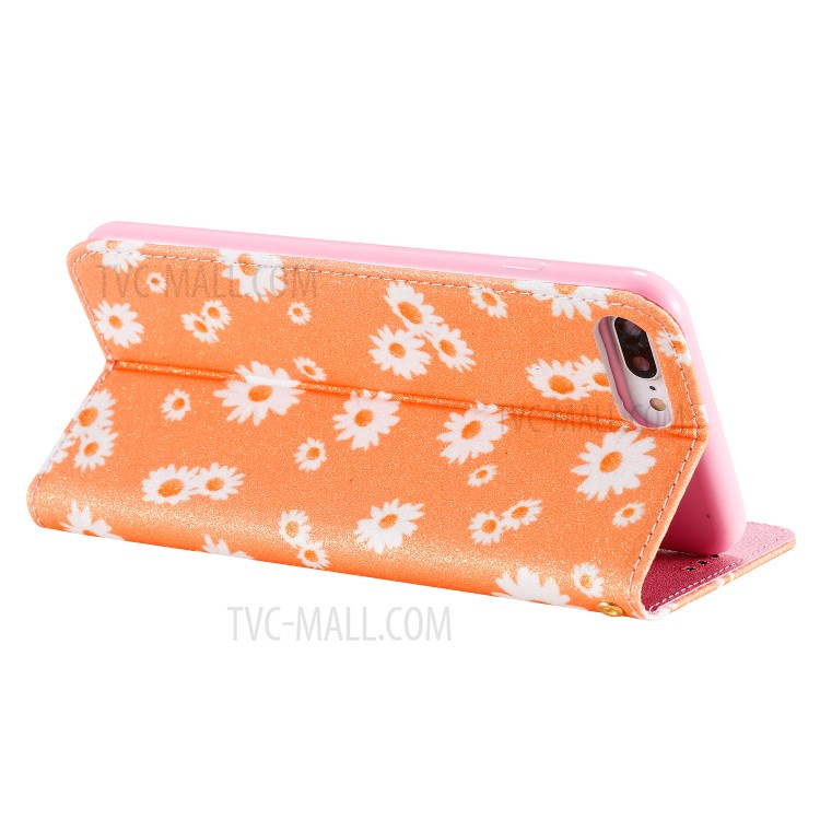Daisy Pattern Flash Powder Leather Stand Case with Card Slots for iPhone 8 Plus/7 Plus - Orange-7