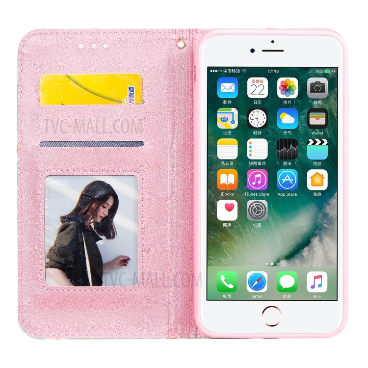 Daisy Pattern Flash Powder Leather Stand Case with Card Slots for iPhone 8 Plus/7 Plus - Green-2