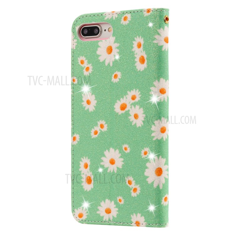 Daisy Pattern Flash Powder Leather Stand Case with Card Slots for iPhone 8 Plus/7 Plus - Green-4