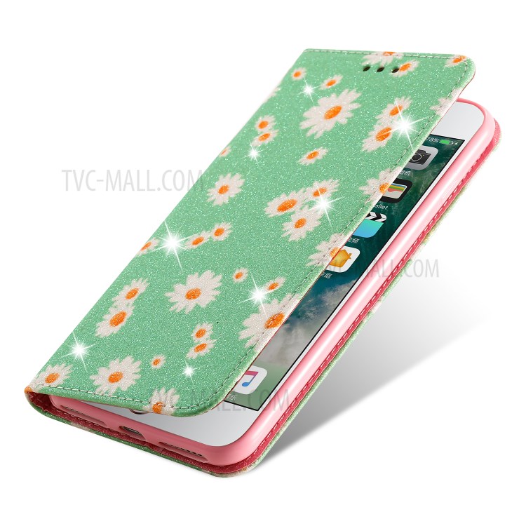 Daisy Pattern Flash Powder Leather Stand Case with Card Slots for iPhone 8 Plus/7 Plus - Green-6