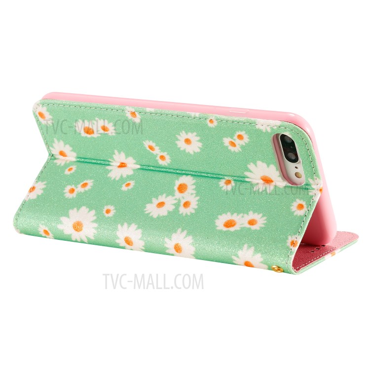 Daisy Pattern Flash Powder Leather Stand Case with Card Slots for iPhone 8 Plus/7 Plus - Green-7