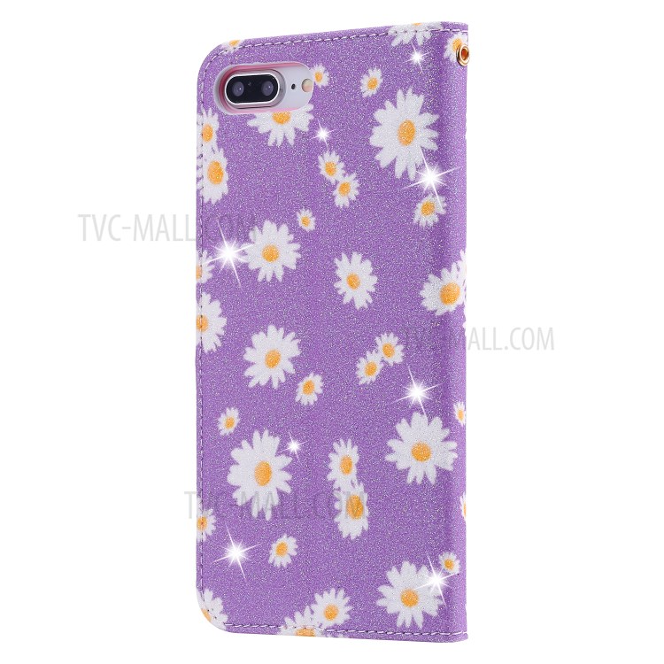 Daisy Pattern Flash Powder Leather Stand Case with Card Slots for iPhone 8 Plus/7 Plus - Purple-4