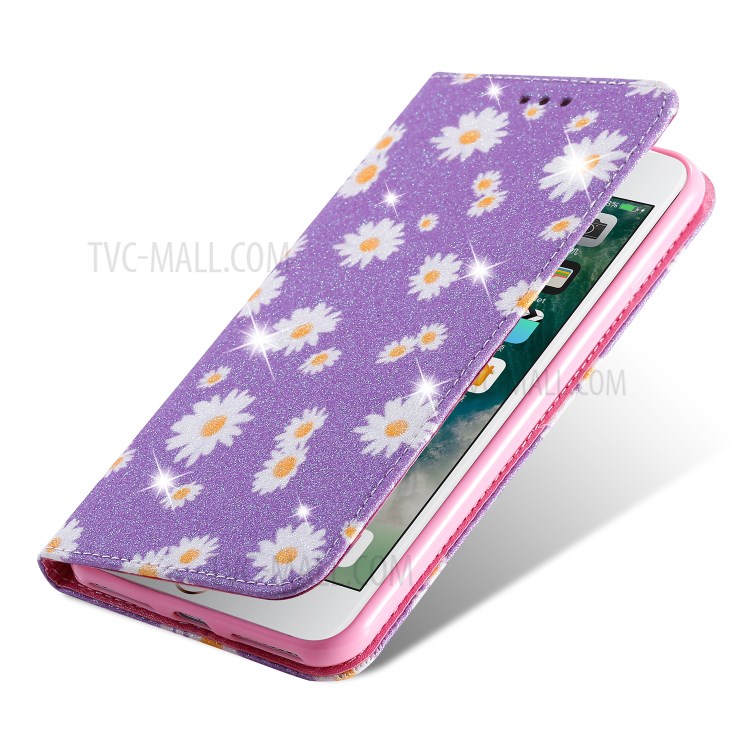 Daisy Pattern Flash Powder Leather Stand Case with Card Slots for iPhone 8 Plus/7 Plus - Purple-6