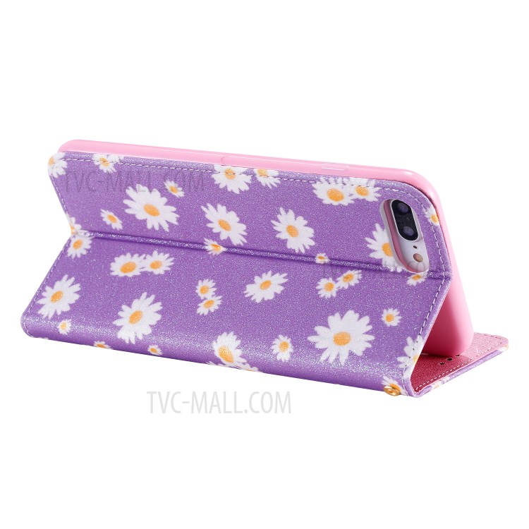 Daisy Pattern Flash Powder Leather Stand Case with Card Slots for iPhone 8 Plus/7 Plus - Purple-7