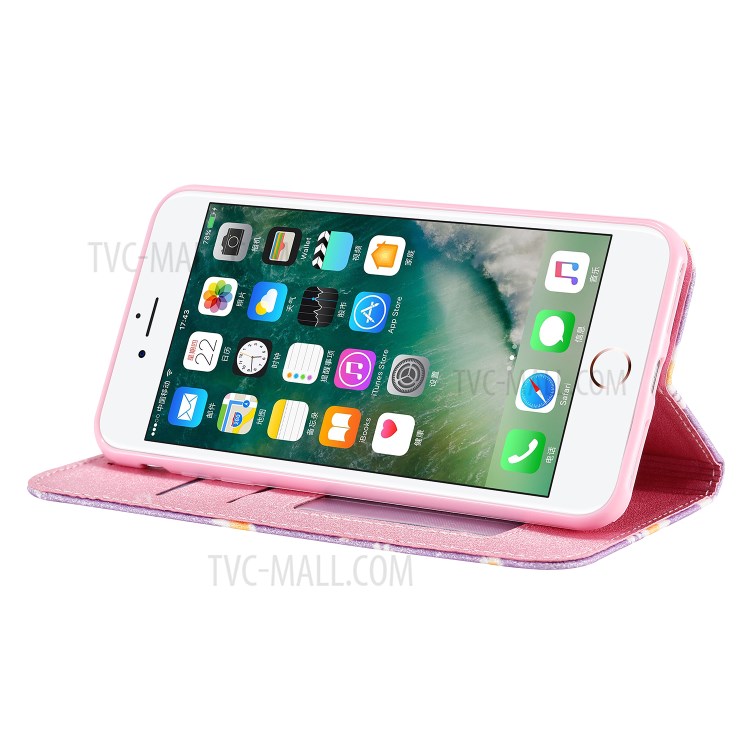 Daisy Pattern Flash Powder Leather Stand Case with Card Slots for iPhone 8 Plus/7 Plus - Purple-8